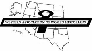 WAWH logo with Western Association of Women Historians written in a symbol of the Roman goddess Venus is often used to represent the women over a map of the western United States