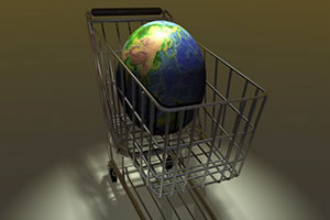 E-Commerce development - globe in a shopping cart representative of online stores