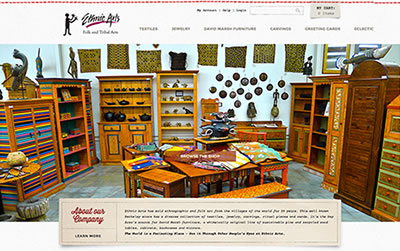 EthnicArts.com homepage top with image of part of the brick and mortar store and about our company info